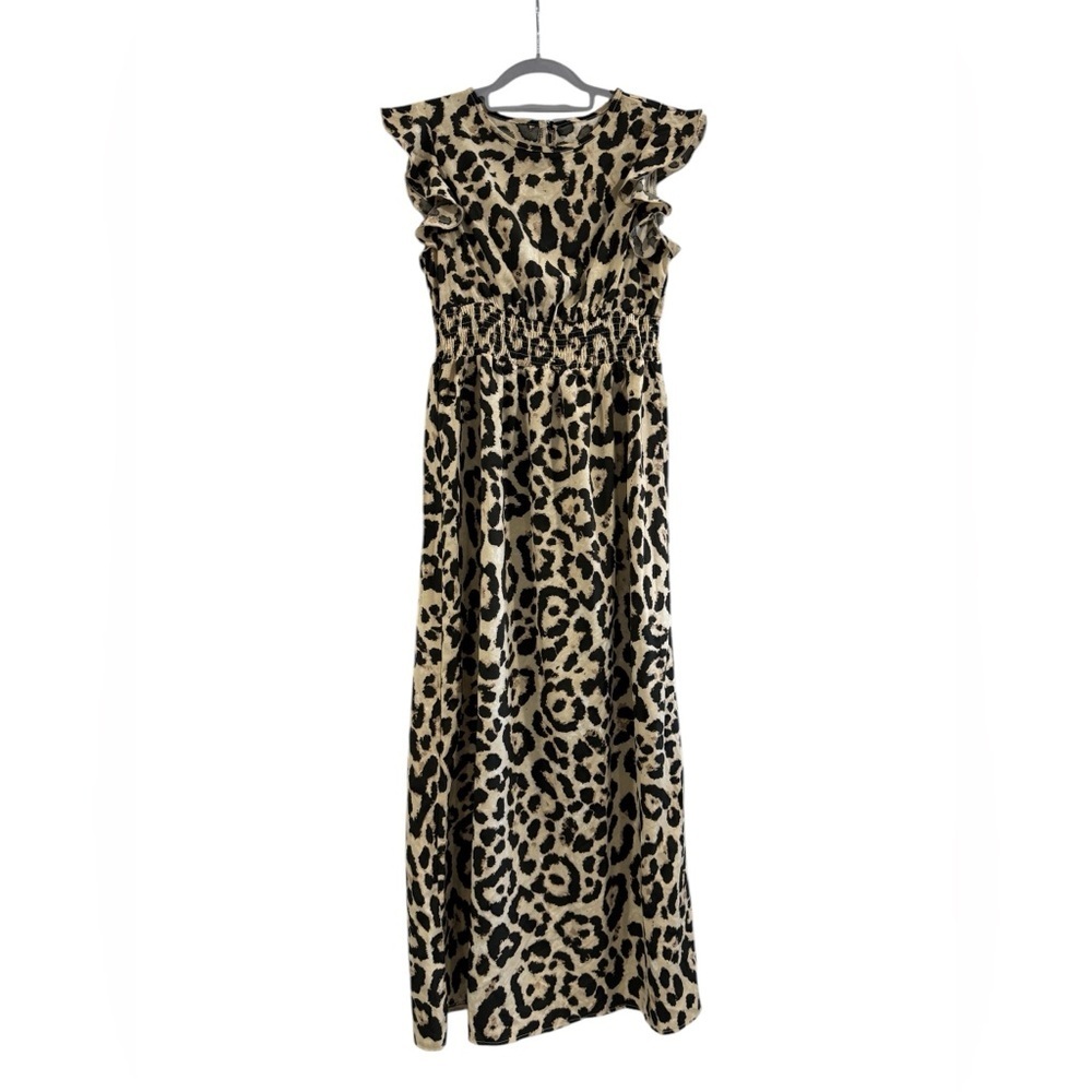 Women’s Animal Print Leopard Black Tan Maxi Long Ruffle Sleeve Dress Medium - Picture 2 of 8